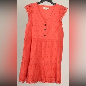 Loft Women’s Dress 6 Orange A Line Eyelet Short Sleeve Lined 100% Cotton